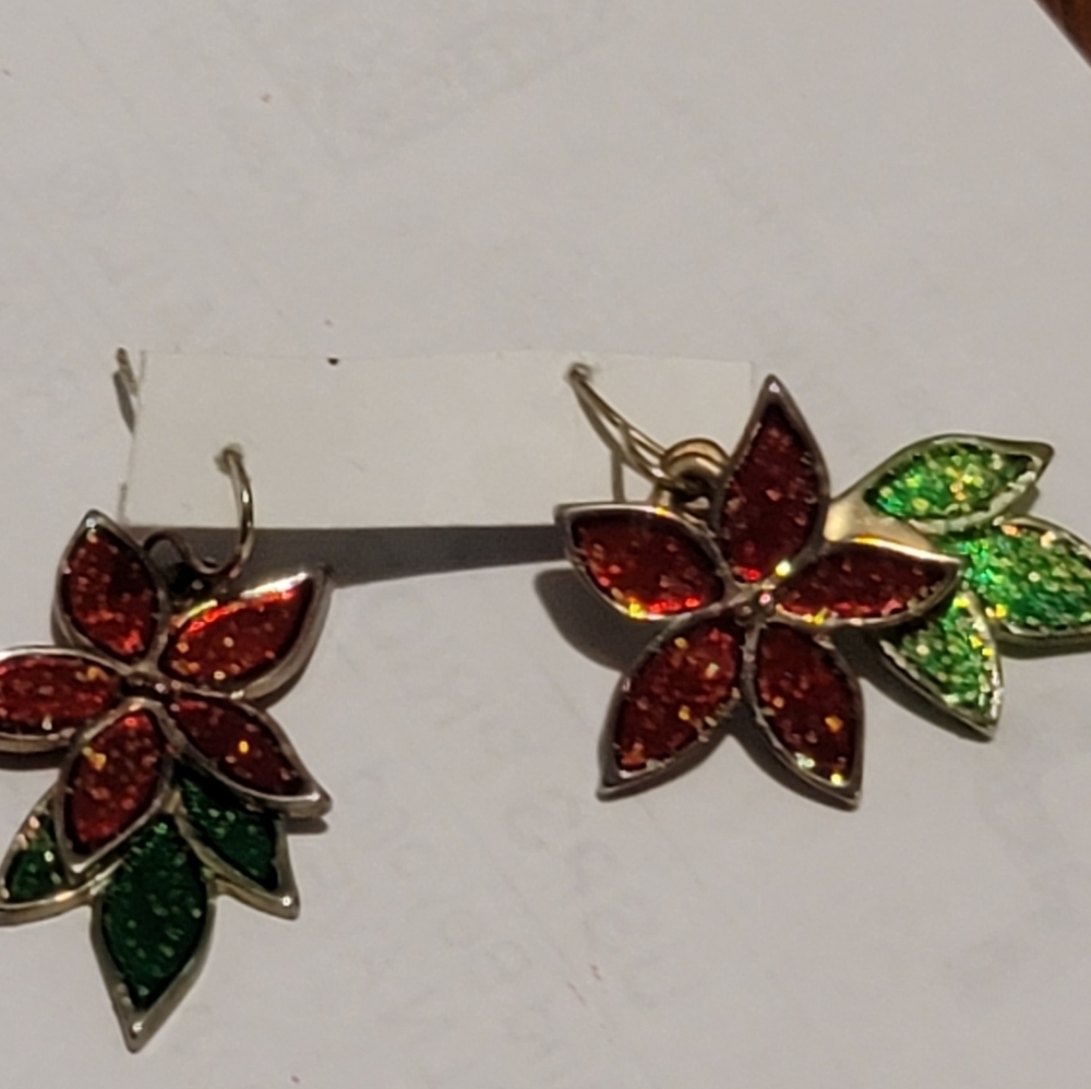 JONES NY poinsettia earrings shiny red green holiday Christmas
